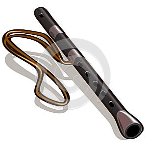 Black flute isolated on white background. Vector cartoon close-up illustration.