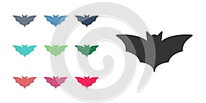 Black Flying bat icon isolated on white background. Happy Halloween party. Set icons colorful. Vector