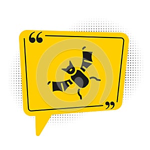 Black Flying bat icon isolated on white background. Happy Halloween party. Yellow speech bubble symbol. Vector