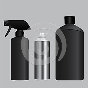 Black foggy spray, aerosol container and bottle