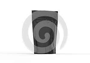 Black foil food doy pack stand up pouch, zipper pouch packaging bag mockup on isolated white background, ready for design presenta photo