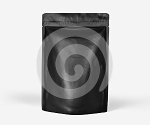 Black Foil plastic pouch coffee bag, Dark Aluminium coffee or juice package 3d rendering isolated on light background
