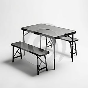 Black Folding Bench And Table Set For Camping On White Background