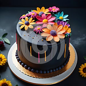 Black fondant cake with flowers