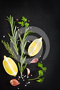 Black food background with fresh aromatic herbs and spices, copy