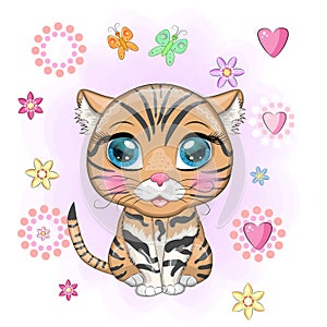 Black footed cat with beautiful eyes in cartoon style