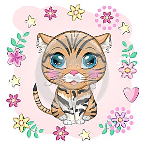 Black footed cat with beautiful eyes in cartoon style