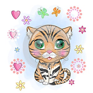 Black footed cat with beautiful eyes in cartoon style