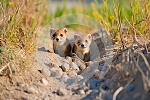 black-footed ferrets exploring in a conservation area