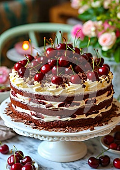 Black Forest Cake Adorned with Fresh Cherries on a Classic Cake Stand. Cherry and chocolate cake