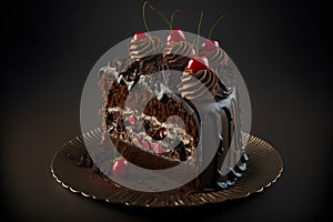Black Forest Cake on black background created with generative AI technology