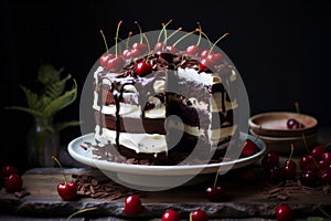 Black forest cake with cherry and cream filling on wooden kitchen table