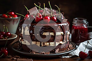 A black forest cake with chocolate and cherries.