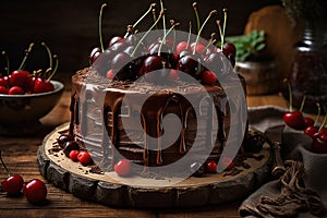 Black forest cake with chocolate and cherries.