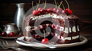 Black forest cake decorated with whipped cream and cherries.