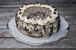 Black Forest cake Pie on gray wooden background