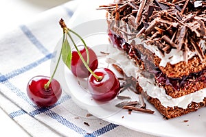 Black Forest cake piece with cherries berries