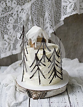 Black forest cake, Schwarzwald pie, dark chocolate and cherry dessert on wooden background. New Year or Christmas cake, decorated