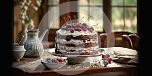 Black forest cake tart with chocolate and cherry topping blurred background