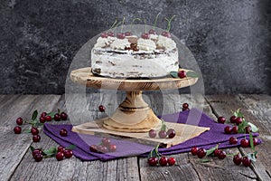 Black forest cake, or traditional austria schwarzwald cake from dark chocolate and sour cherries