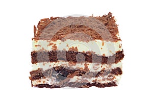 Black forest cake on white background