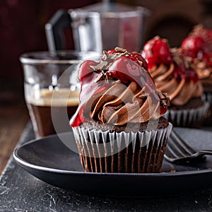 Black forest cupcake with whipped ganache and cherry topping