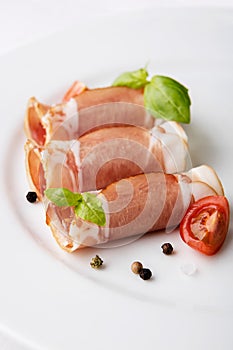 Black forest ham on white plate