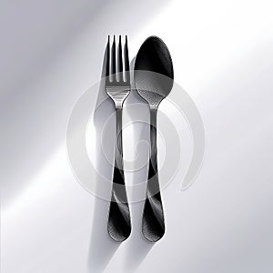Black fork and spoon with engraved texture on white background