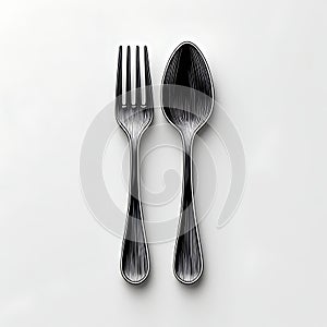 Black fork and spoon with engraved texture on white