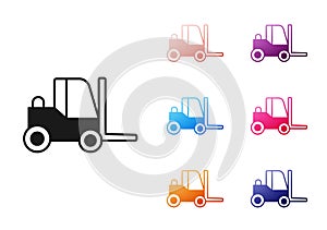 Black Forklift truck icon isolated on white background. Fork loader and cardboard box. Cargo delivery, shipping