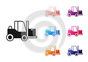 Black Forklift truck icon isolated on white background. Fork loader and cardboard box. Cargo delivery, shipping