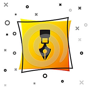 Black Fountain pen nib icon isolated on white background. Pen tool sign. Yellow square button. Vector