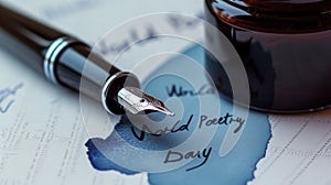 black fountain pen over parchment with text written in ink world poetry day, banner