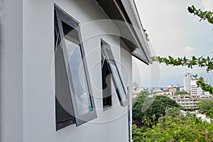 Black frame aluminium windows of building