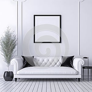 Black frame in classic white interior with white sofa.