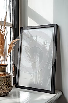 A black framed picture sits on a window sill next to a vase of dried grass