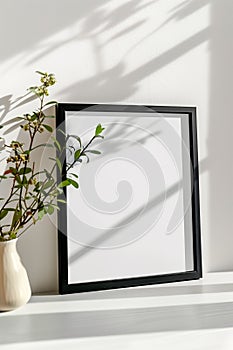 A black framed white poster sits on a table next to a vase of flowers