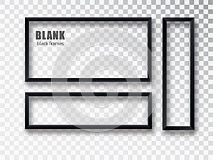 Black Frames banners set. Vector plates with a place for inscriptions isolated on transparent background. Empty frame. Realistic