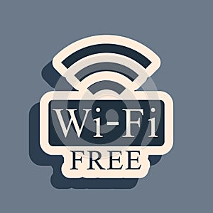 Black Free Wi-fi icon isolated on grey background. Wi-fi symbol. Wireless Network icon. Wi-fi zone. Long shadow style