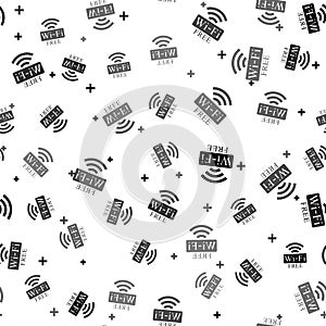 Black Free Wi-fi icon isolated seamless pattern on white background. Wi-fi symbol. Wireless Network icon. Wi-fi zone