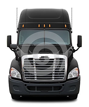 Black Freightliner Cascadia truck with black plastic bumper.