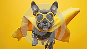 Black French Bulldog with yellow cape and glasses flying against a yellow background.