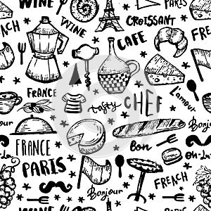 Black French seamless pattern, france background, doodle hand drawn croissant, paris decoration, cafe banner