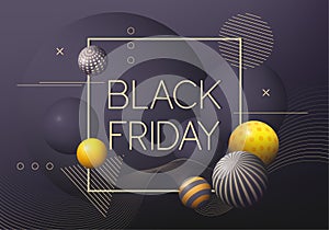 Black Friday poster with golden and black decorative 3D balls.