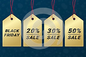 Black Friday 20% 30% 50% sale sign. Vector gold label on blue background. Snowflakes and stars winter pattern. Golden illustration