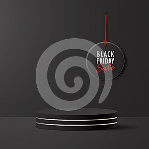 Black Friday. Abstract 3D podium with golden lines and round sale tag.