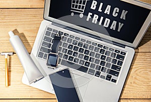 Black Friday advert on the laptop screen on the desk