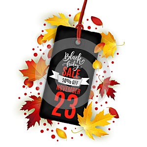 Black friday advertisement banner, tag with realistic autumn lea