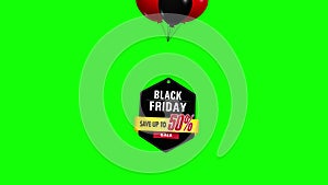 Black Friday animation. Balloons raising up banner with sale special up to 50 off. Price tag for discounts.