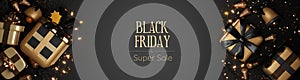 Black friday anniversary shopping sale promotion banner with shopping cart and gift box.